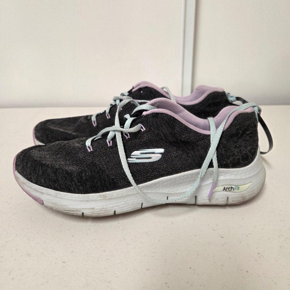 Skechers Arch Fit Women 11 Wide Black Lavender Walking Sneakers 149414W
